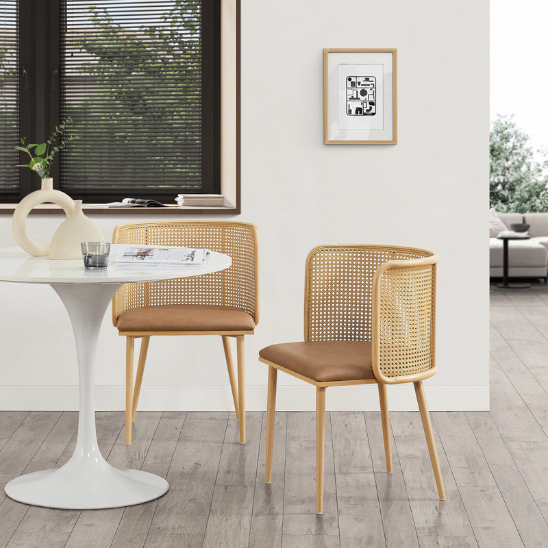 Eetkamerstoel – Stoel – Kuipstoel – Meubel – Woonkamerstoel – Set van 2 – Rattan Rugleuning – Kunstleer Bekleding – Stevig Metalen Frame – Hoge Zitcomfort