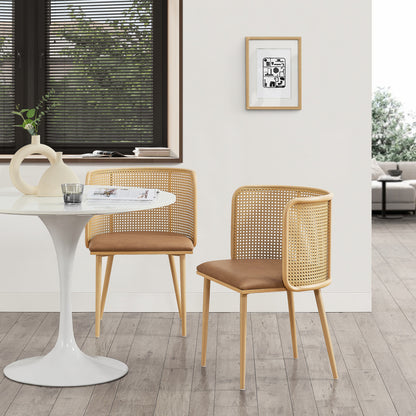 Eetkamerstoel – Stoel – Kuipstoel – Meubel – Woonkamerstoel – Set van 2 – Rattan Rugleuning – Kunstleer Bekleding – Stevig Metalen Frame – Hoge Zitcomfort