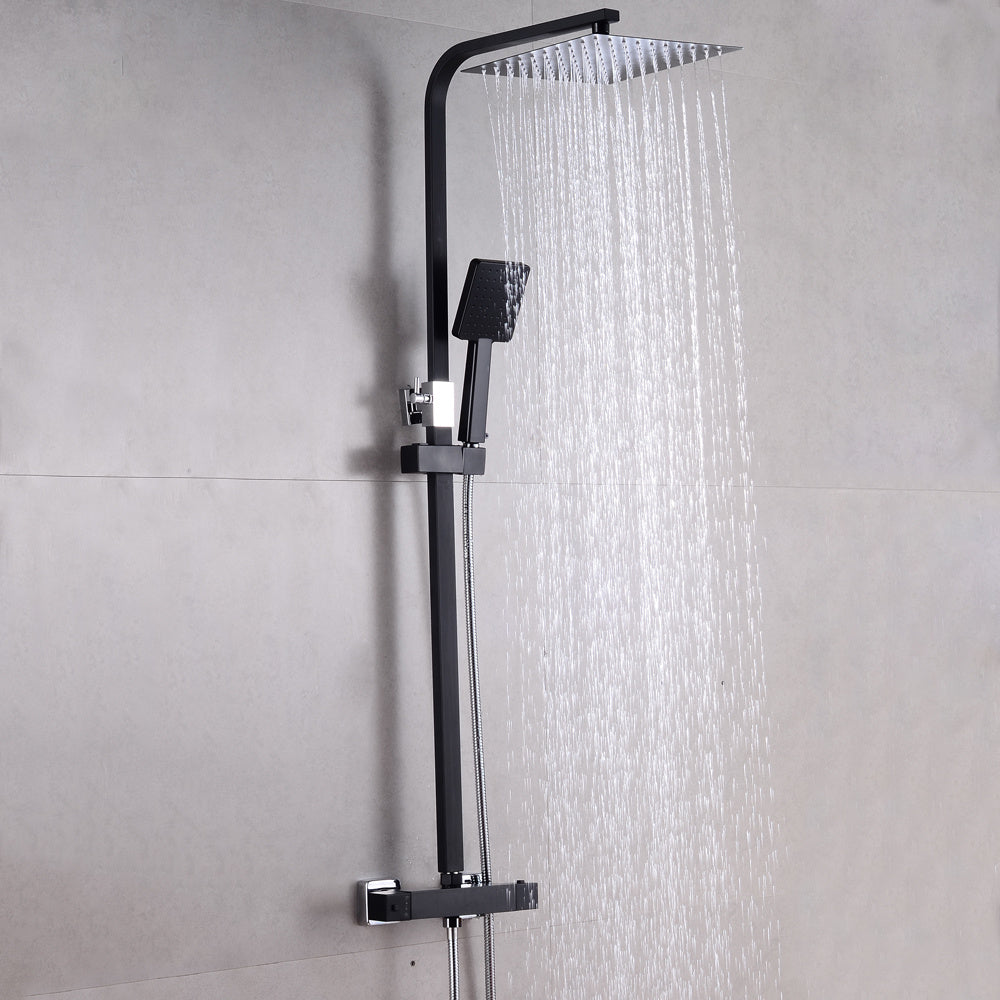 Regendouche Systeem – Douchekolom – Regendouchekop – Handdouche – Douche Set – Roestvrij Staal – Wandmontage – Zwart Mat – Waterbesparend – Luxe Vierkant Design