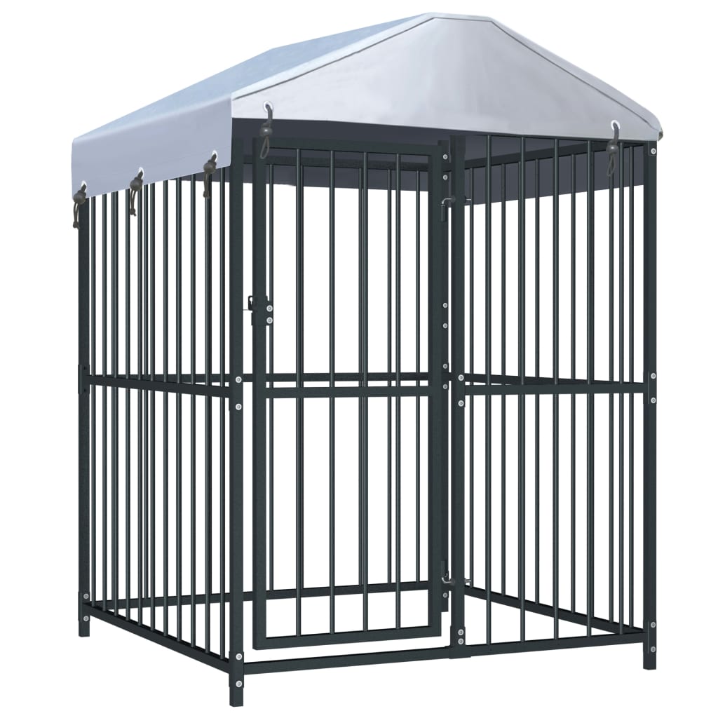 Buitenkennel Honden – Hondenren – Hondenhok – Hondenverblijf – Zwart – Stalen Frame – Weerbestendig Dak 120x120x150 cm