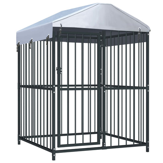 Buitenkennel Honden – Hondenren – Hondenhok – Hondenverblijf – Zwart – Stalen Frame – Weerbestendig Dak 120x120x150 cm