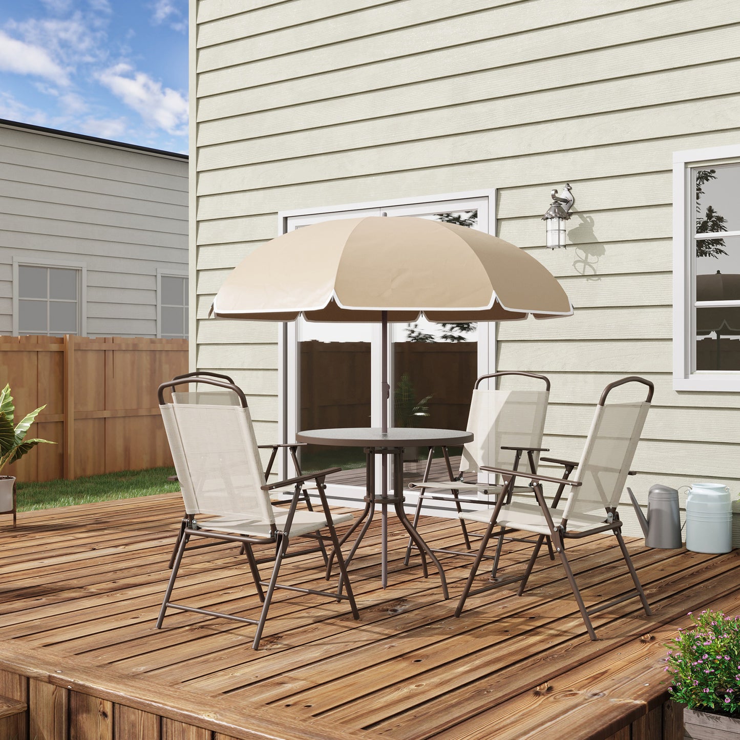 6-delig Tuinset – Bistro Set – Balkonmeubelen – Tuinmeubelset – Inklapbare Tuinstoelen – Epoxy Stalen Frame – Sneldrogende Textilene Bekleding – Rond Tafelblad van Gehard Glas – Parasol Inclusief – Ergonomisch Zitcomfort