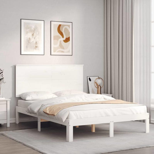 Modern Minimalist Small Double Bed Frame with Headboard - Solid Hardwood Construction, Easy Assembly, Space-Saving Design for Guest Rooms, Studios, Apartments - Durable Bed Furniture Neutral White Finish, Bed Room Decor And A