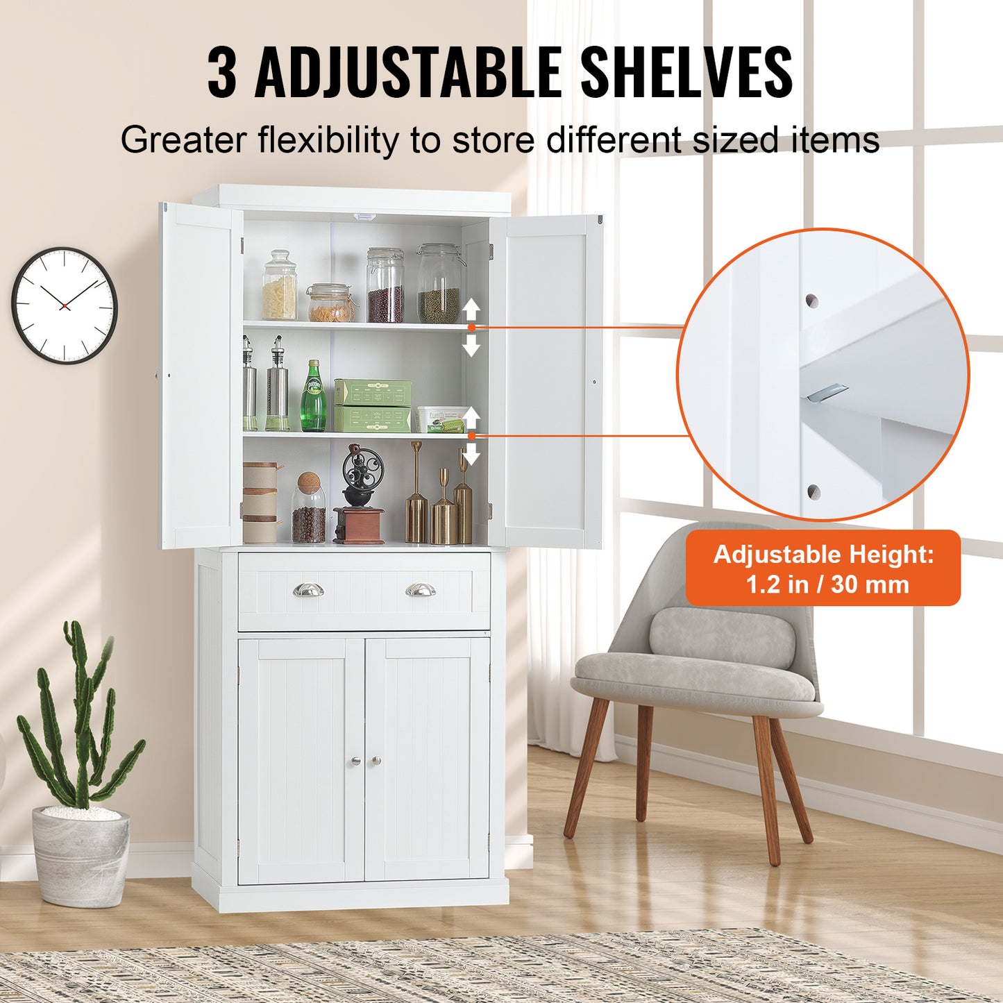 Opbergkast – Keukenkast – Voorraadkast – Buffetkast – Dressoir – Wit – Hoog en Smal – Verstelbare Planken – Anti-Kantel Veiligheid