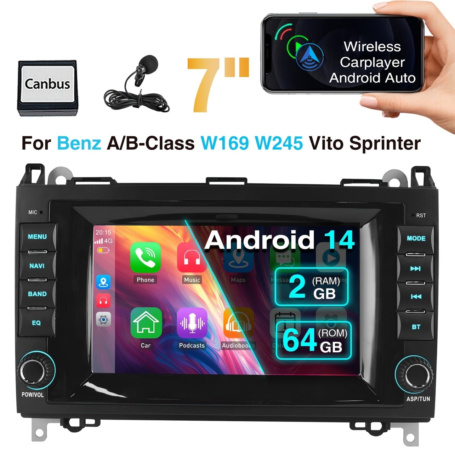 Multifunctionele Android Autoradio – Auto Stereo – Multimedia Speler – Navigatie Systeem – Carplay Radio – Met Microfoon – 7-inch HD Scherm – Draadloze Connectiviteit