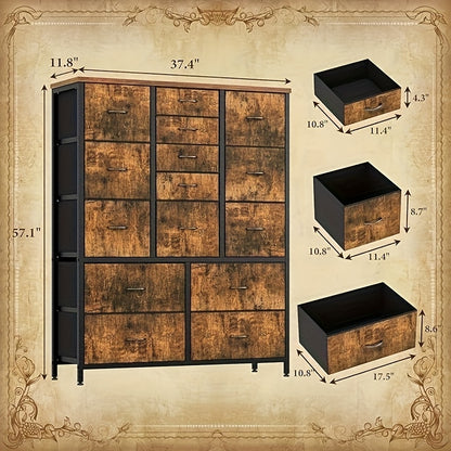 Chest of Drawers, 15 Drawer Fabric Wardrobe, Storage Chest, Industrial Style for Bedroom, Living Room, Hallway, Storage Drawer Units