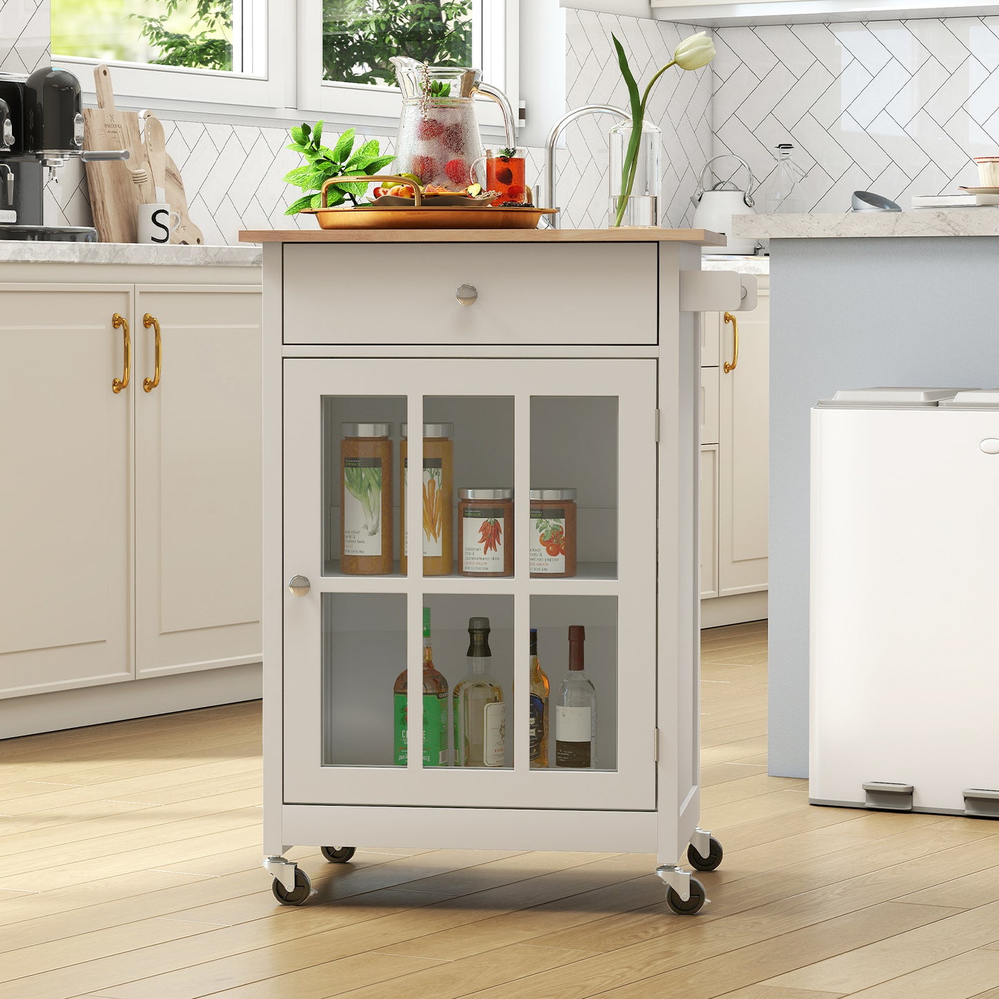 Keukentrolley – Keukenwagen – Keukenkast – Werktafel – Barwagen – Met Rubberen Houten Blad – Lockbare Zwenkwielen – Tempered Glas Deur – Verstelbare Plank – Lade – Handdoekhouder – Mobiele Werkplek 65 cm