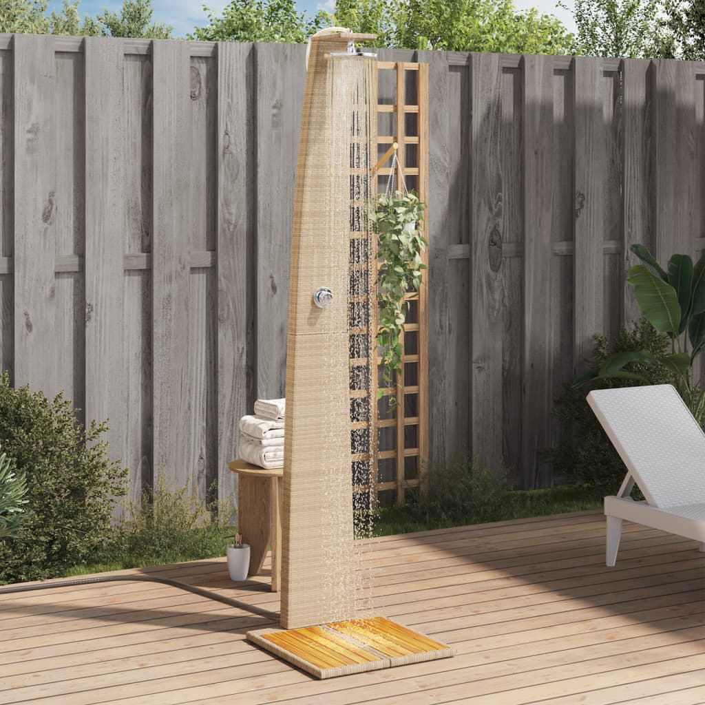 Buitendouche – Tuindouche – Campingdouche – Solar Douche – Zonnedouche – PE Rattan – Houten Acaciahouten Bodem – Beige