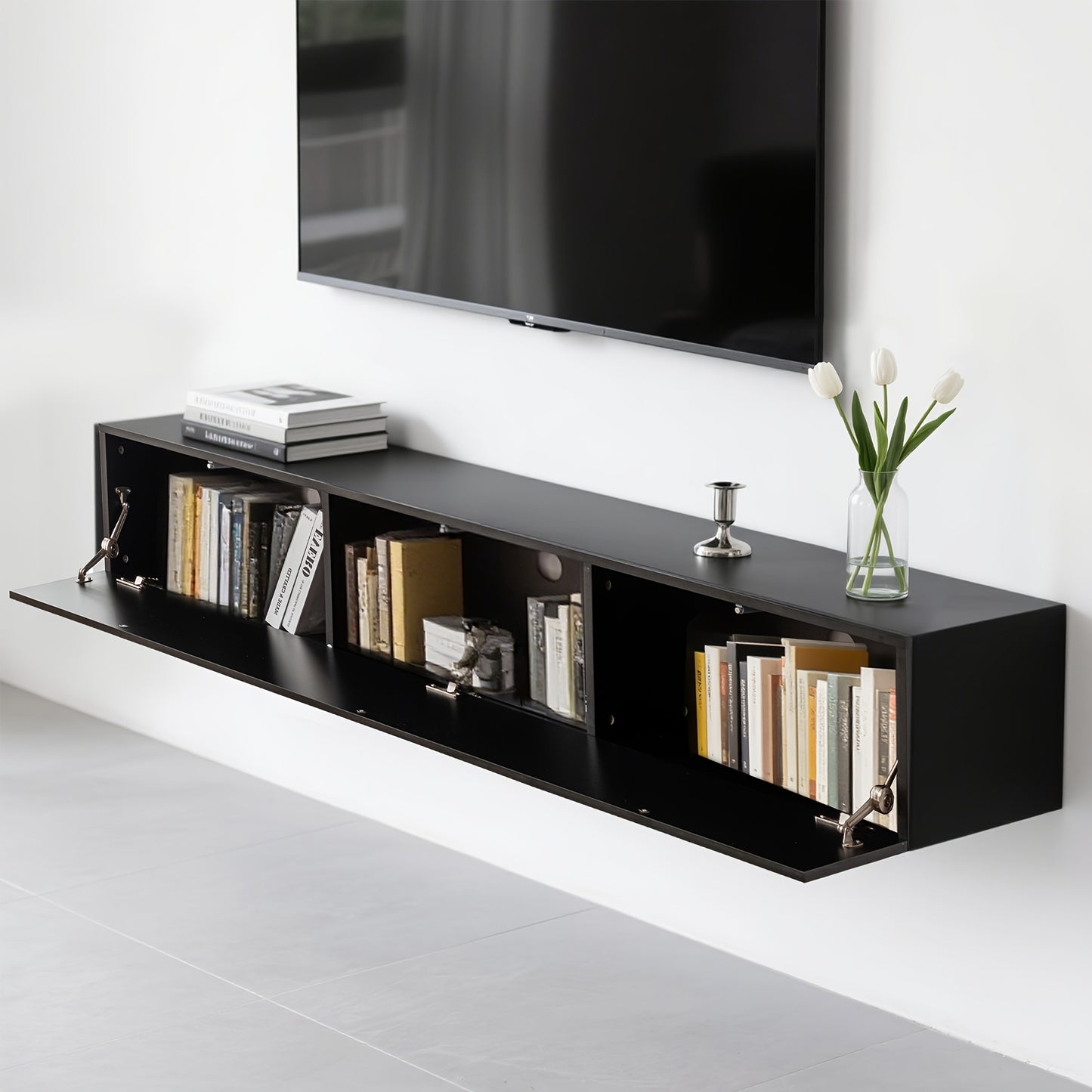 Zwevend TV Meubel – Wandmeubel – TV Kast – TV Console – Media Meubel – Matzwart – Push-Open Deur – Geschikt Tot 65 Inch