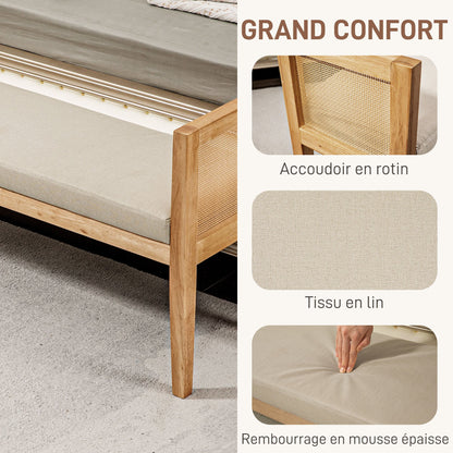 Woonkamerbank – Zitbank – Slaapbank – Bankje – Halbank – Rattan Armleuningen – Stevig Houten Frame – Comfortabele Linnen-look Bekleding – 120 cm Lang
