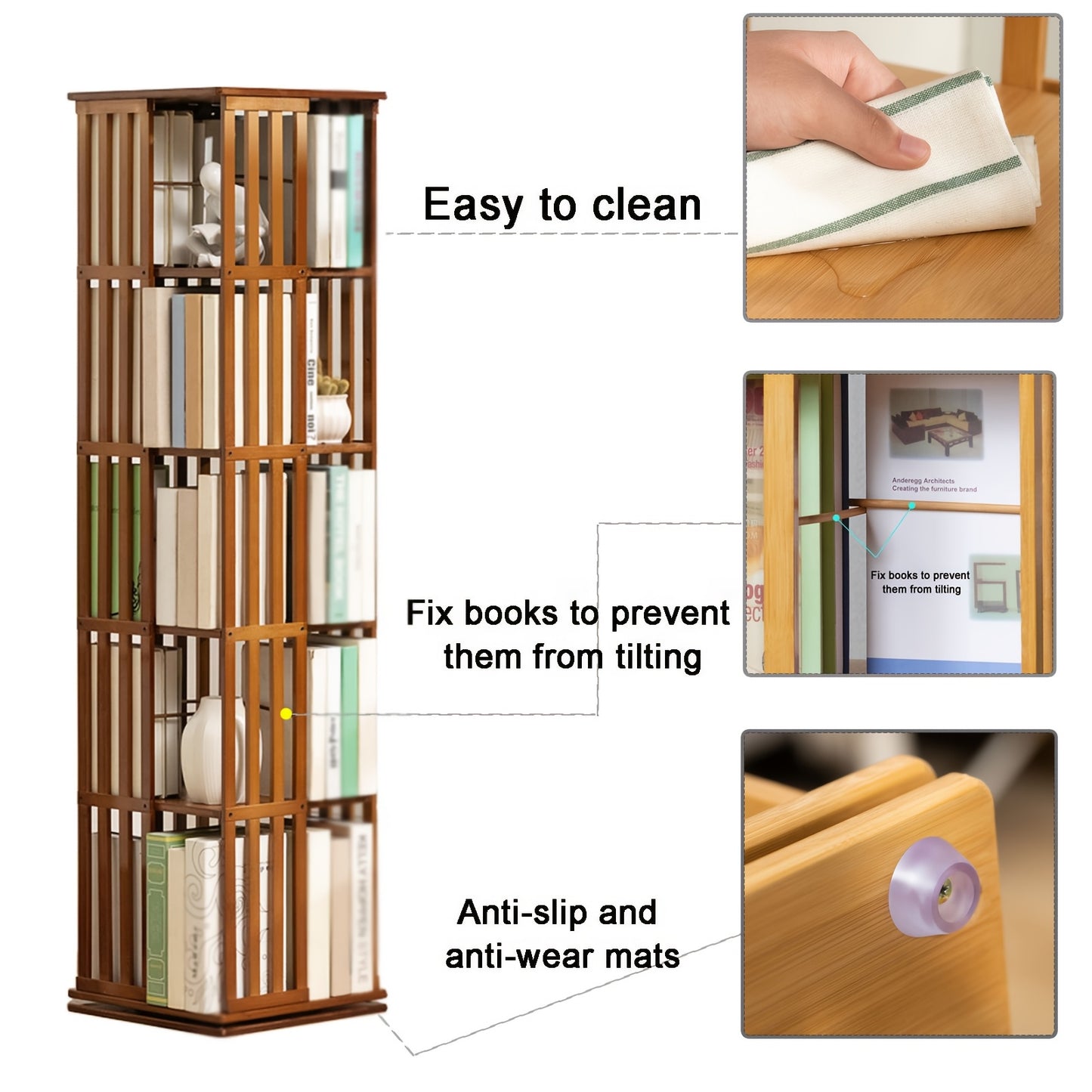 Draaibare Boekenplank – Boekenrek – Boekenhouder – Boekenkast – Opbergkast – 5 Lagen – 360° Draaibaar – Bamboe Materiaal - QUORE