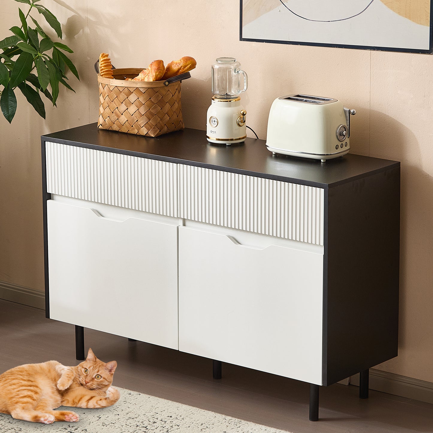 BTM Storage Cabinet 120cm with Ribbed Drawers, Black and White Design, Adjustable Shelves, 2 Doors, Sideboard Buffet, Cabinet Organizer for Kitchen, Living Room, Dining Room