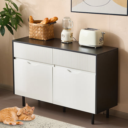 BTM Storage Cabinet 120cm with Ribbed Drawers, Black and White Design, Adjustable Shelves, 2 Doors, Sideboard Buffet, Cabinet Organizer for Kitchen, Living Room, Dining Room