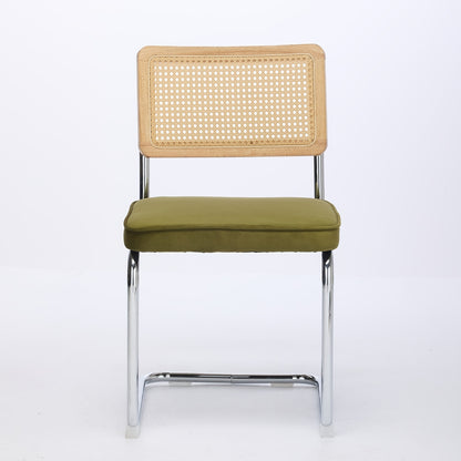 Two-piece Medieval-modern Dining Chair Set | Velvet Upholstered Seats, Natural Rattan Backrests, Stainless Steel Chrome-plated Base in Olive Green, Classic Style, Spot-clean Care