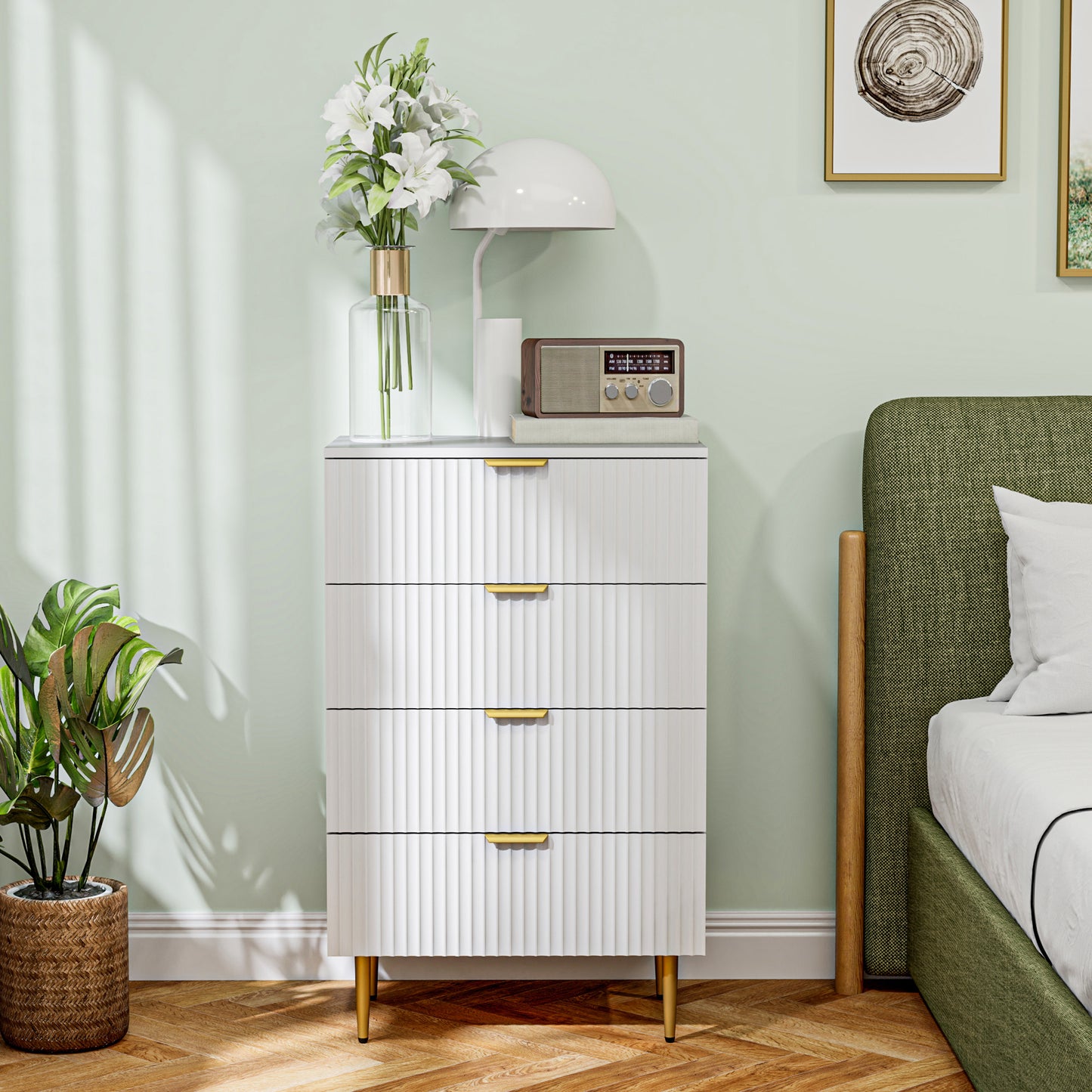 Ladekast – Ladenkast – Commode – Opbergkast – Dressoir – Modern Design – 4 Ruime Lades – MDF Wit Met Gouden Details – 60x40x96 cm