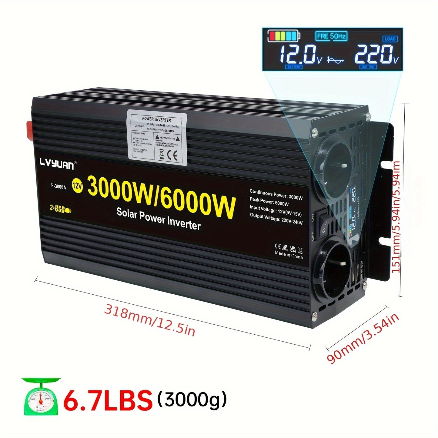 Omvormer 3000W – Stroomomzetter – Spanningsomzetter – Inverter – Power Converter – 6000W Piekvermogen – LCD-Display – 2x AC Uitgang & 2x USB Poorten