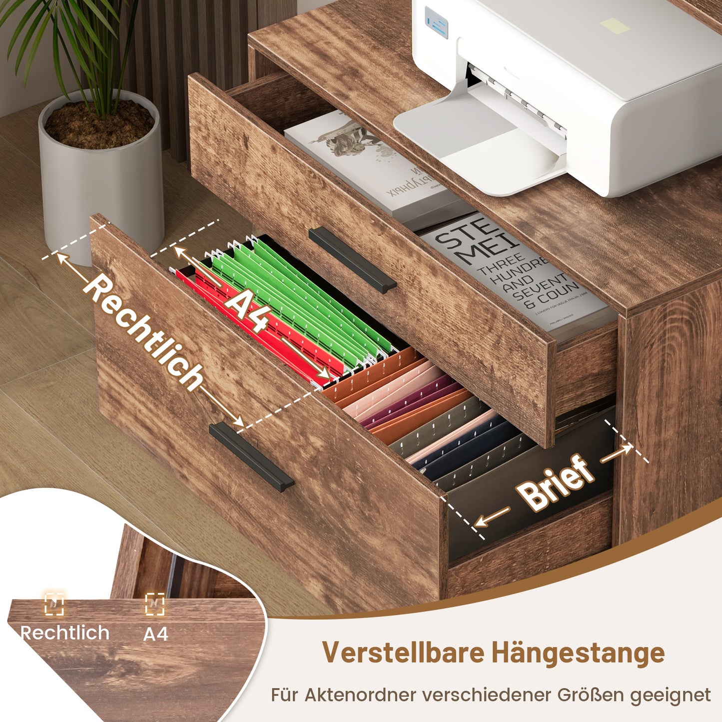 Archiefkast – Filekast – Kantoorrek – Documentenkast – Ladenkast – Vintage Bruin – 3 Open Planken – 2 Grote Laden Voor Hangmappen