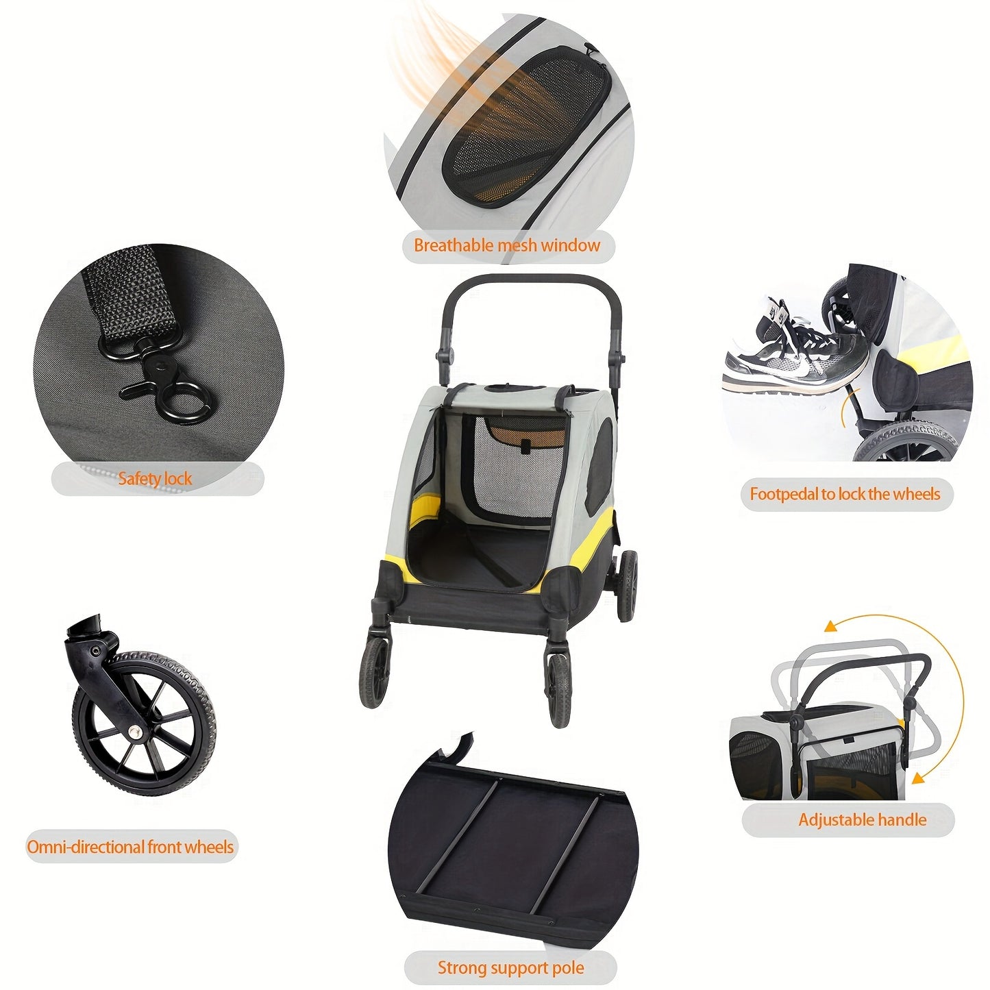 Pet Travel Stroller: Dog Stroller Pet Jogger Wagon Travel One-key Folding with 4 Heavy Wheels, Adjustable Handle for Small Dogs and Cats, Rear Brake, Security Leash