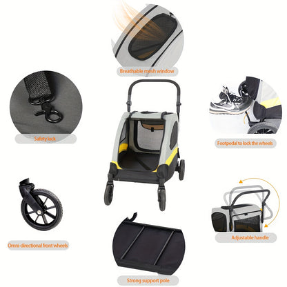 Pet Travel Stroller: Dog Stroller Pet Jogger Wagon Travel One-key Folding with 4 Heavy Wheels, Adjustable Handle for Small Dogs and Cats, Rear Brake, Security Leash