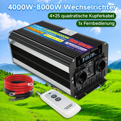 12V Naar 220V Spanningsomvormer – Stroomomzetter – Inverter – Accu Omvormer – Mobiele Converter – 4000W Continu Vermogen – Draadloze Afstandsbediening Met LCD-Display