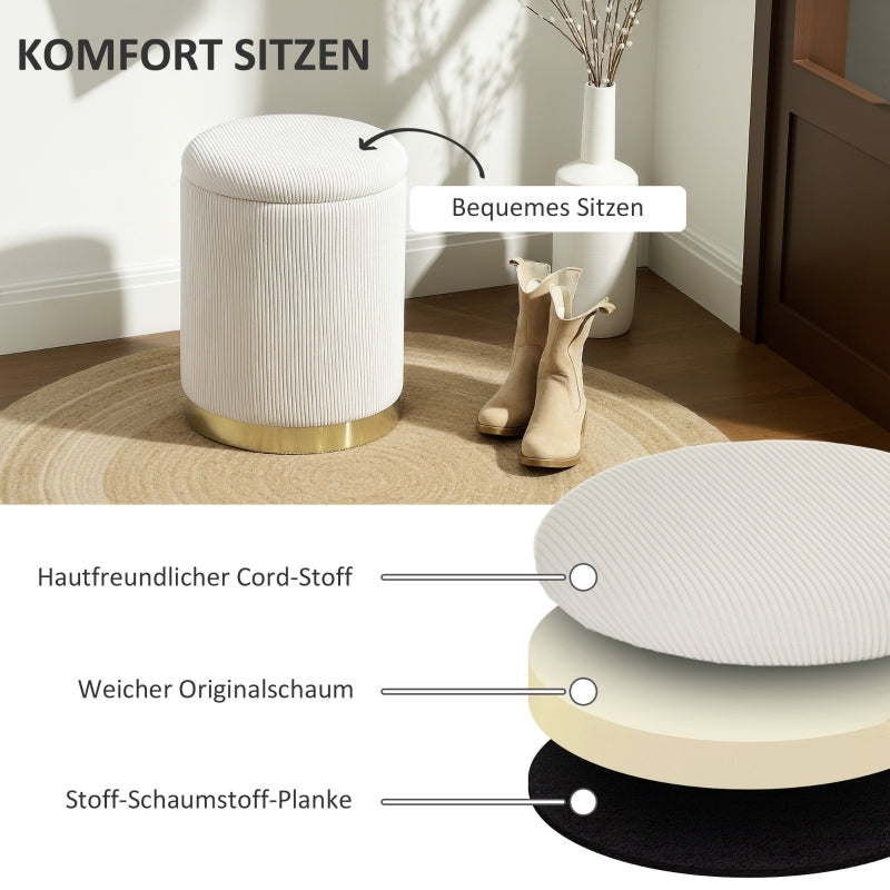 Poef – Opbergpoef – Hocker – Zitpoef – Voetenbankje – Crèmewit Corduroy – 30,6 L Opbergruimte – MDF Frame & Stalen Basis