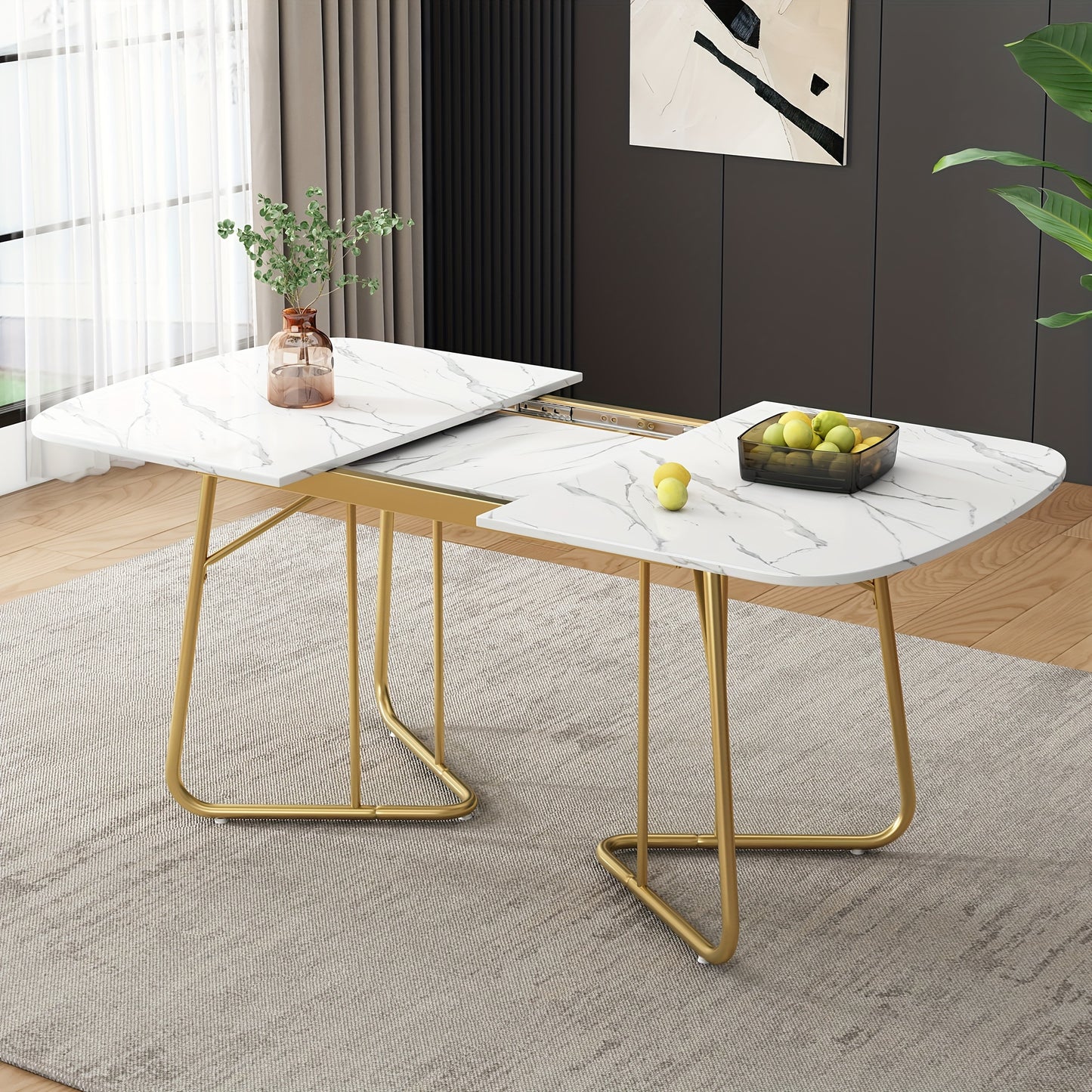 Uitschuifbare Eettafel – Uitklapbare Tafel – Verstelbare Eettafel – Marmeren Tafel – Witte Eettafel – Goudkleurige Metalen Poten – 140-180 cm Lengte – Modern Luxe Design