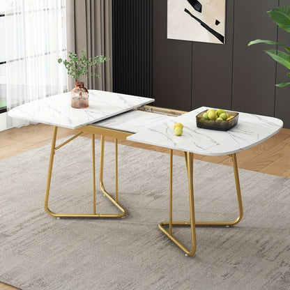Uitschuifbare Eettafel – Uitklapbare Tafel – Verstelbare Eettafel – Marmeren Tafel – Witte Eettafel – Goudkleurige Metalen Poten – 140-180 cm Lengte – Modern Luxe Design