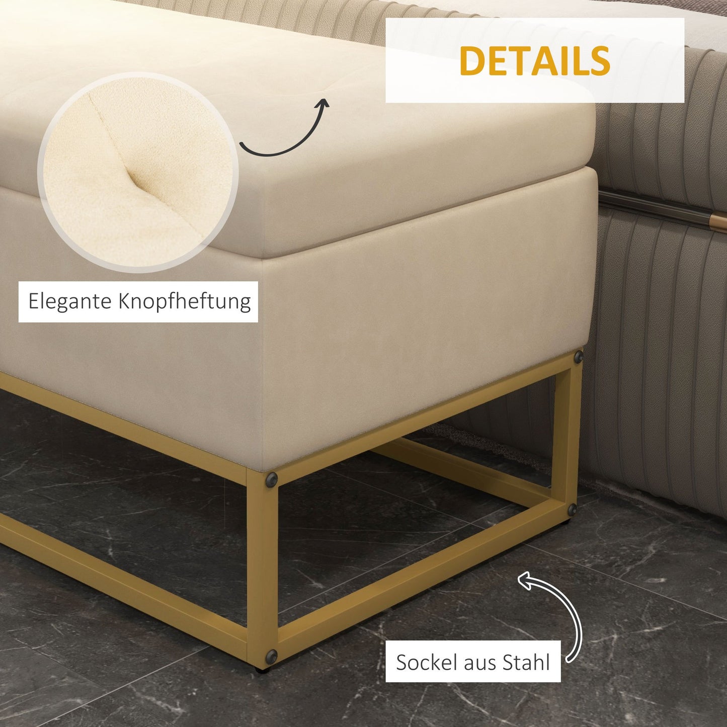 Opbergbank – Zitbank – Opbergbox – Halbank – Opbergkist – Fluwelen Bekleding – Steviele Stalen Poten – 110x44x49 cm – Beige