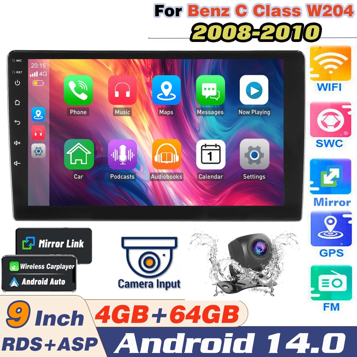 Autoradio – Double DIN Autoradio – Multimedia Speler – Android Car Stereo – Touchscreen Radio – 9 Inch IPS Scherm – Android 14.0 Systeem – Inclusief AHD Achteruitrijcamera