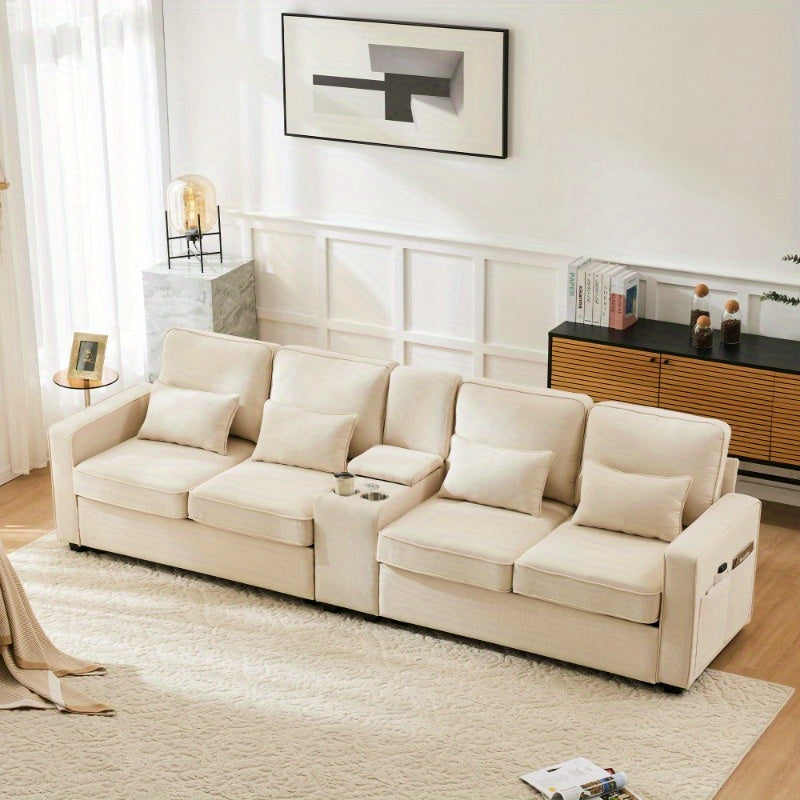 Bankstel – 4-Zitsbank – Zitbank – Hoekbank – Slaapbank – Modern Linnen – Console Met 2 Bekerhouders – Opbergruimte In Armleuning