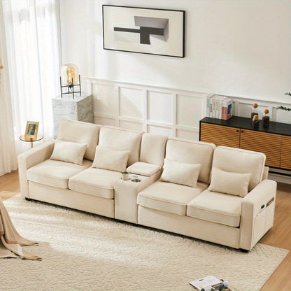 Bankstel – 4-Zitsbank – Zitbank – Hoekbank – Slaapbank – Modern Linnen – Console Met 2 Bekerhouders – Opbergruimte In Armleuning