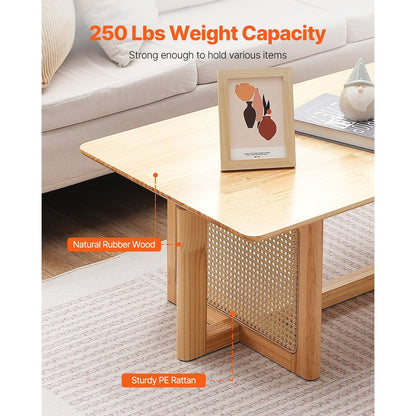 Rotan Salontafel – Rattan Tafel – Bijzettafel – Koffietafel – Rieten Tafel – Rechthoekig – Handgevlochten Rotan – Massief Houten Blad
