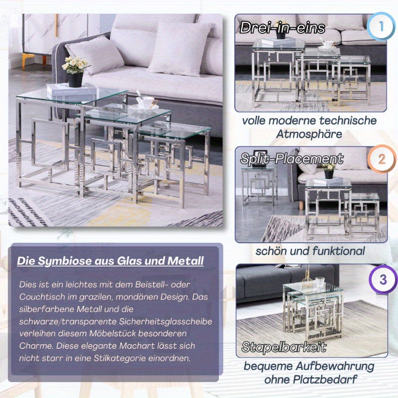 JYMTOM Set of 3 Coffee Tables, Side Tables Made of Stainless Steel Frame and Tempered Glass for Living Room, Modern Design, Sofa Table, Coffee Tables for Living Room, Sofa Side Table, Home Accent Tables, Glass Coffee Table, M