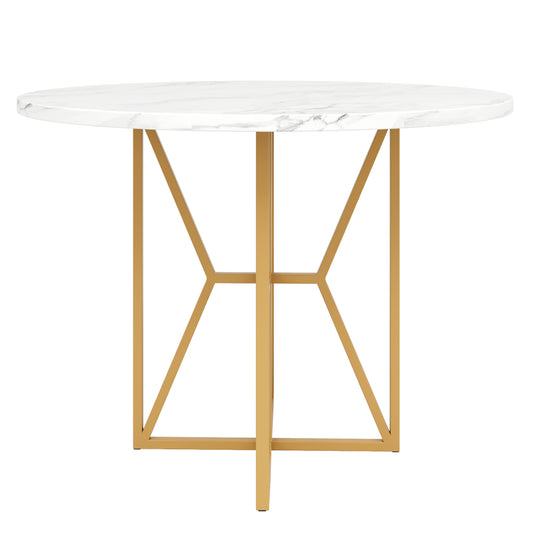 Ronde Eettafel – Eetkamertafel – Keukentafel – Woonkamertafel – Ronde Tafel – Gouden Metalen Poten – Marmerlook MDF Blad – 80x80x76 cm – Geschikt Voor 4-6 Personen
