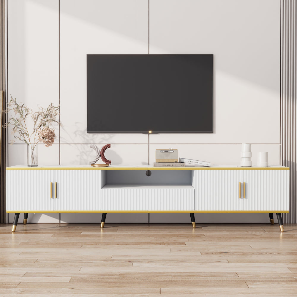 TV-Meubel – TV Meubel Kast – TV Dressoir – TV Bank – Lagere TV-Kast – Geschikt Voor Televisies Tot 90 Inch – Wit Paneel Zonder Hout – Eenvoudige Montage – 200x40x46 cm – Met Lade En Deuren