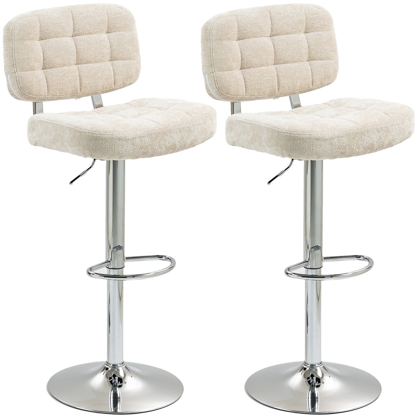 Barstoel – Barkruk – Barstoel Met Rugleuning – Keukenstoel – Barkruk Met Voetsteun – Verstelbare Hoogte 66-87 Cm – 360º Draaibaar – Bouclé Bekleding Beige