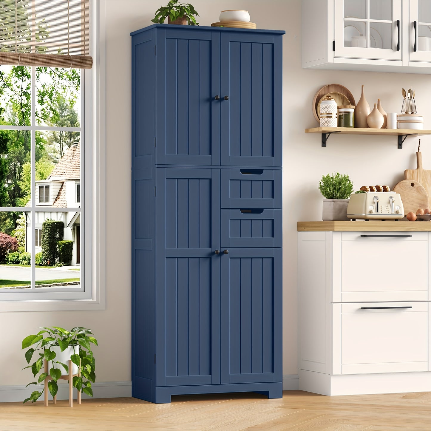 Opbergkast – Opbergmeubel – Dressoir – Vakkenkast – Kast Met 4 Deuren & 2 Laden – Moderne Blauwe MDF Kast – Hoog 164,5 cm – Ruime 3,2 Kubieke Voet Opslagruimte
