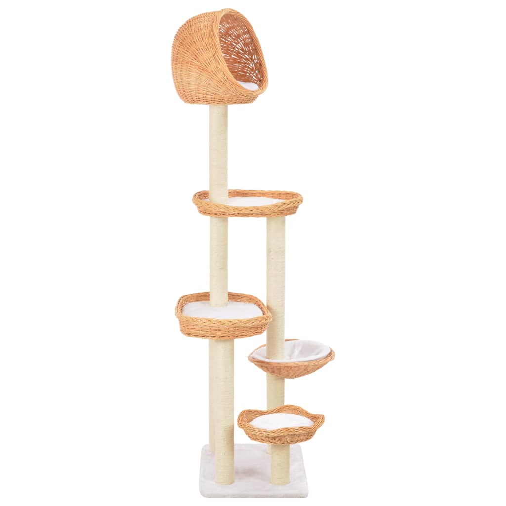 Kattenkrabpaal – Krabpaal – Krabmeubel – Kattenboom – Kattenhuis – Natuurlijk wilgenhout – 5 knusse mandjes – Sisal krabpaal – Compact ontwerp – Bruin