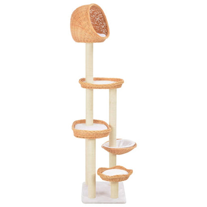 Kattenkrabpaal – Krabpaal – Krabmeubel – Kattenboom – Kattenhuis – Natuurlijk wilgenhout – 5 knusse mandjes – Sisal krabpaal – Compact ontwerp – Bruin