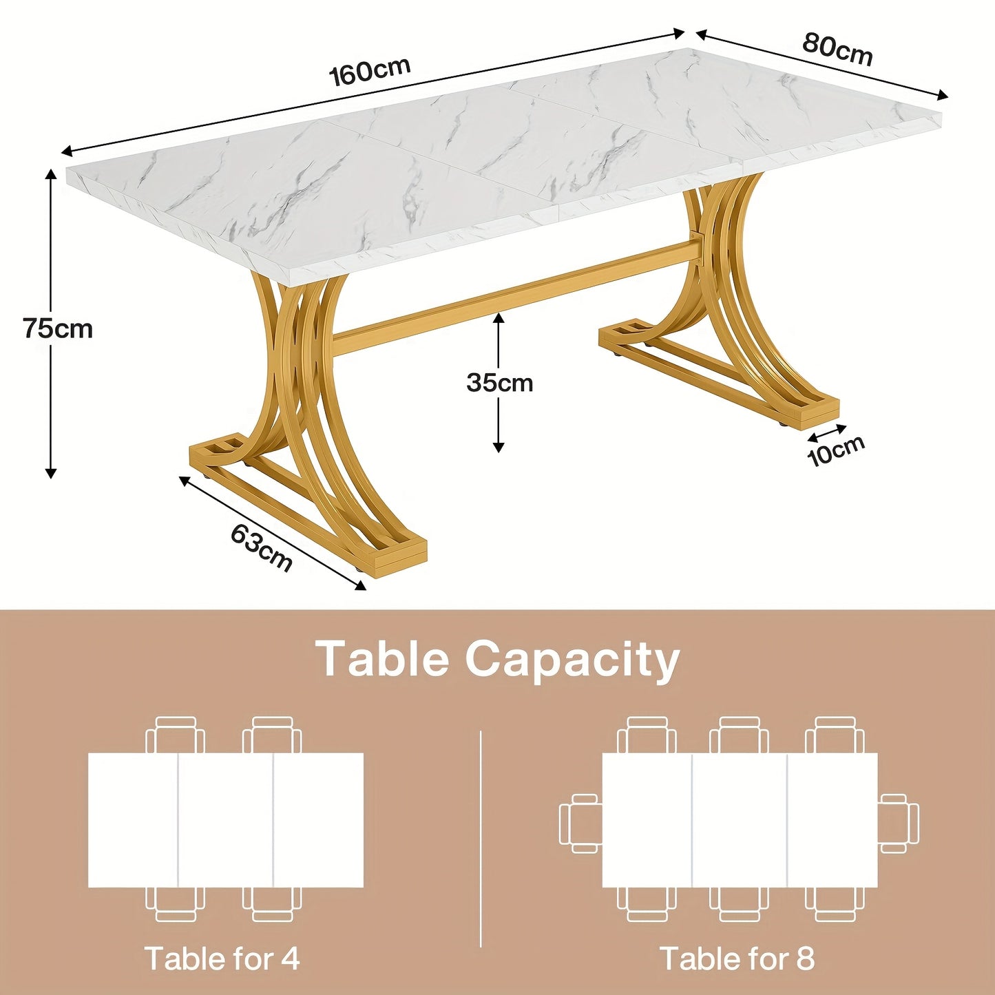 Eettafel – Keukentafel – Dinertafel – Tafelblad – Dinerbank – Modern Design – 160x80 cm – Grijs MDF Blad Met Gouden Metalen Poten