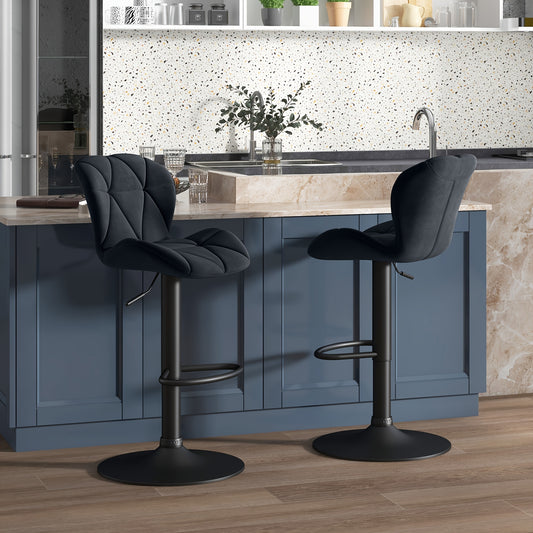 Barkrukken Set – Barstoelen – Krukken – Hoge Stoelen – Keukenstoelen – Draaibaar – Verstelbare Zithoogte – Zwarte Velvet Bekleding – Met Rugleuning – Set Van 2
