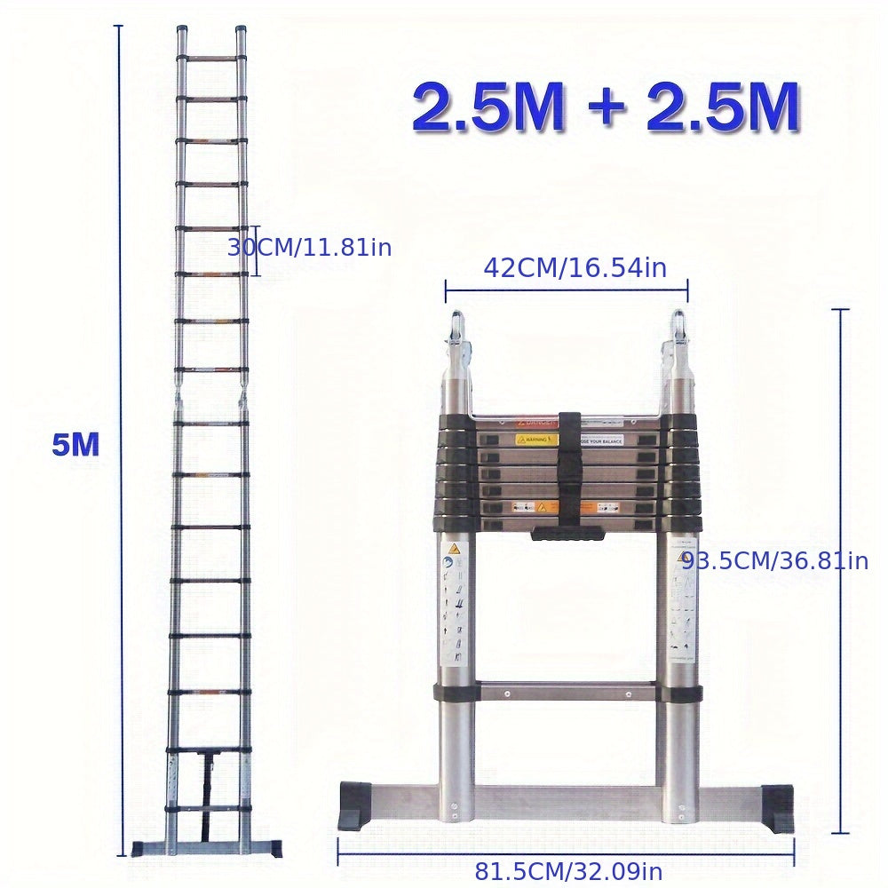 Uitklapladder – Vouwladder – Uitschuifladder – Telescopische Ladder – Trapladder – 5 Meter – Roestvrij Staal – Antislip Veiligheid