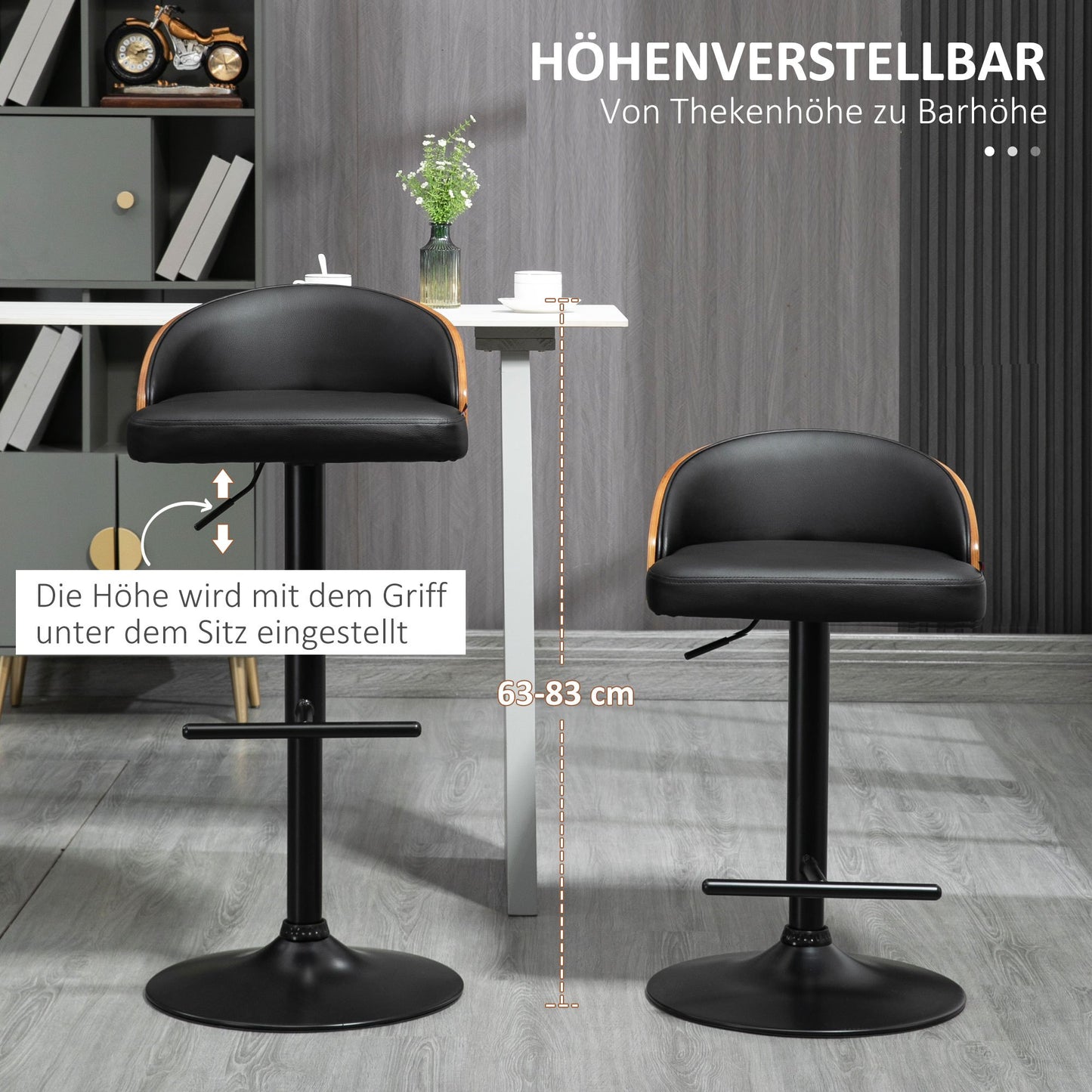 Barkrukken – Barstoelen – Krukjes – Keukenstoelen – Hoge Stoelen – Verstelbare Zithoogte – 360° Draaibaar – Staal en Massief Hout – Set Van 2 – Zwart En Koffiebruin
