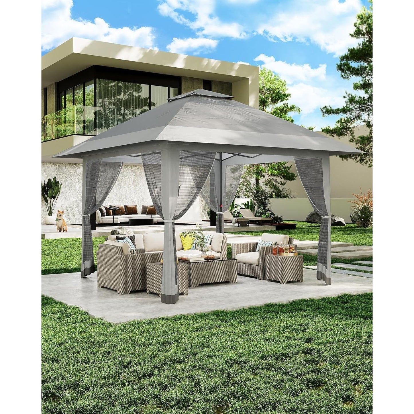 Pop-up Tent – Vouwtent – Zonnescherm – Partytent – Tuinentent – Verstelbare Canopy – Insectennet – Lichtgewicht Alloy Staal – Waterafstotende Oxford Stof – 365x365 cm – Draagbare Opbergtas – Donkergrijs/Grijs
