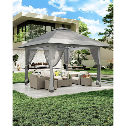 Pop-up Tent – Vouwtent – Zonnescherm – Partytent – Tuinentent – Verstelbare Canopy – Insectennet – Lichtgewicht Alloy Staal – Waterafstotende Oxford Stof – 365x365 cm – Draagbare Opbergtas – Donkergrijs/Grijs