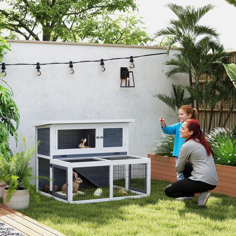 Konijnenhok – Knaagdierverblijf – Cavia Ren – Bunny Cage – Kleine Huisdierkooi – 2-laags Houten Ren – Inklapbaar Dak – Winterbestendig Design – 122x95x93,5 cm