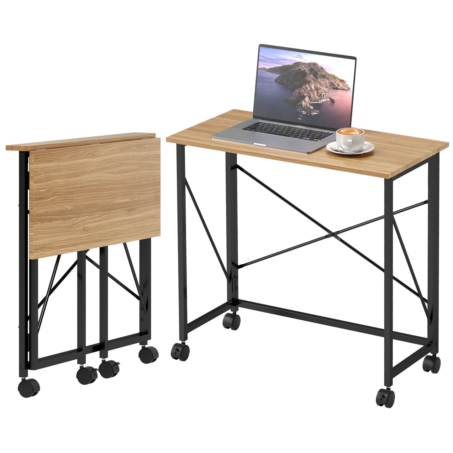 Inklapbaar Bureau – Vouwbureau – Werktafel – Laptoptafel – Mobiel Bureau – Eiken MDF Tafelblad – Stalen Frame – Wieltjes – Ruimtebesparend