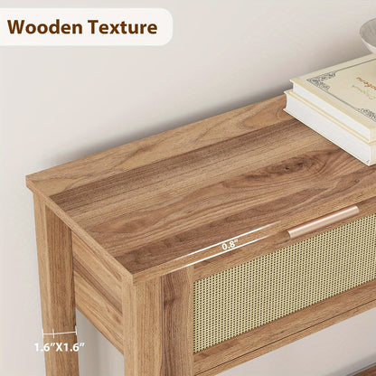 Haltafel – Sidetable – Dressoir – Opbergtafel – Console – 110x30x79 cm – Gerecycled Caramel Eikenhout – Boho Rattan Met 2 Lades