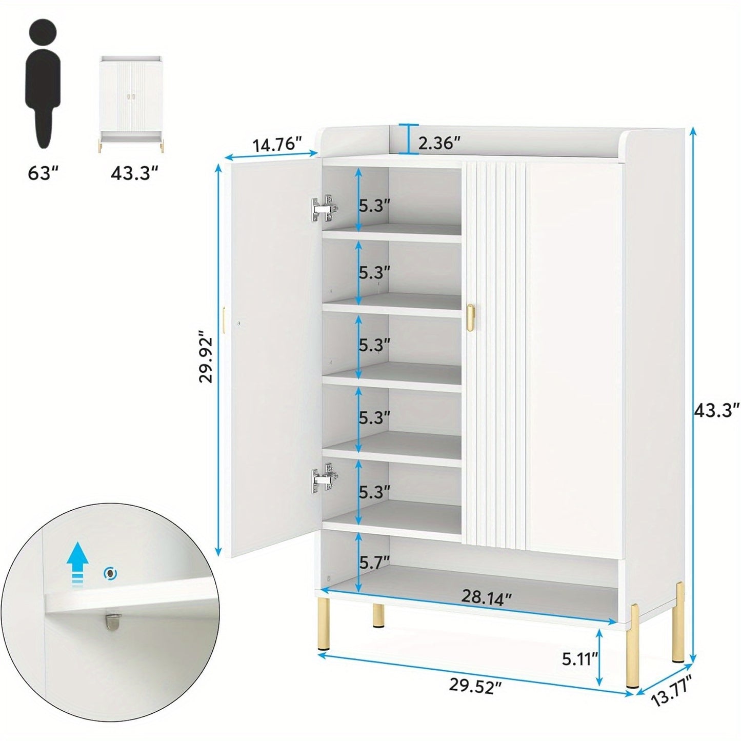 Schoenenkast – Schoenenrek – Schoenenopberger – Halkast – Schoenenbank – Wit – Verstelbare 6 Planken – Ruimtebesparend Verticaal Design