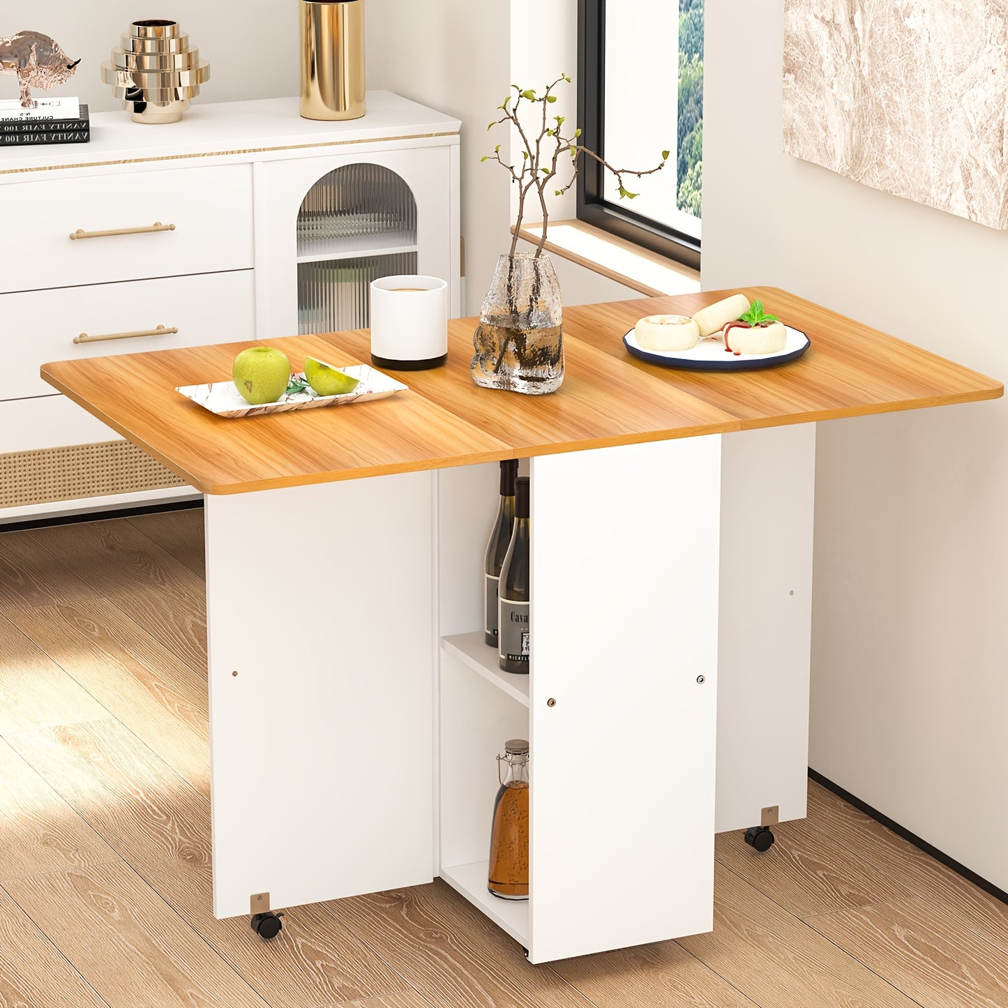 Uitklapbare Eettafel – Opklapbare Tafel – Uitbreidbare Keukentafel – Ruimtebesparende Tafel – Vouwtafel – Hardhouten Tafel – 2 Tot 6 Personen – Met Lockbare Wieltjes En Opbergrekken